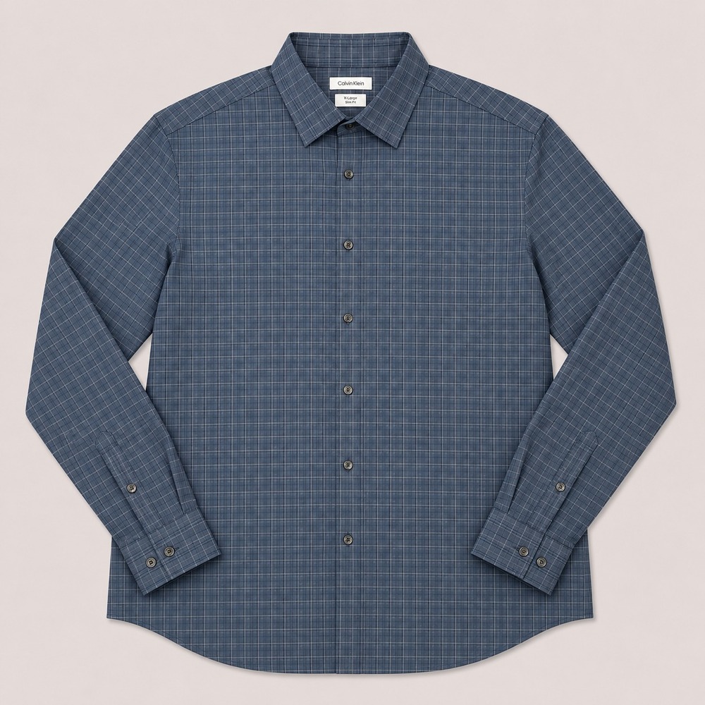 Calvin Klein Mens 16 34/35 L Blue Slim Fit Check Dress Shirt Stretch